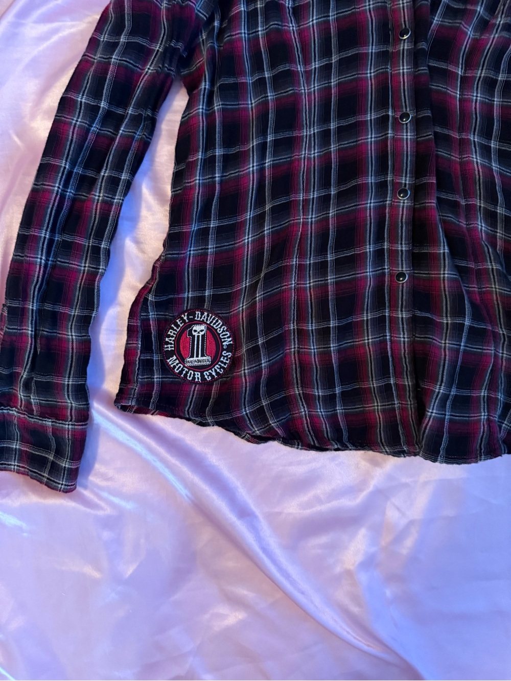 Harley Davidson Cold-Shoulder Plaid Button-Down Shirt - Black & Maroon - Picture 2 of 5